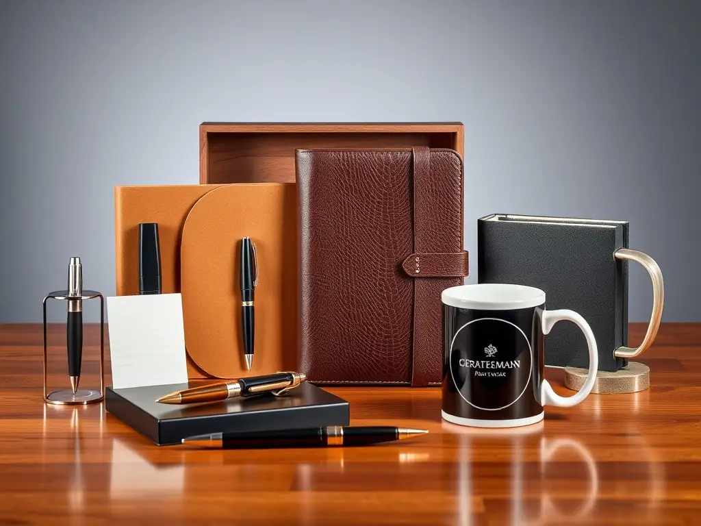 An array of branded mugs, pens, and apparel featuring client logos and creative designs, demonstrating Noodle Sheep Creations' capabilities in creating custom corporate branding gifts.